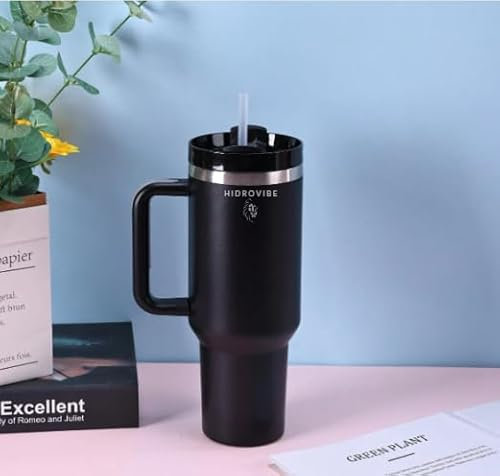 HIDROVIBE 1.2L Taza de Café Con Tapa Para Coche, Vaso Termico Con Asa y Pajita, Aislada al Vacío, de Acero Inoxidable, Sin BPA, Mug Termo (Black)