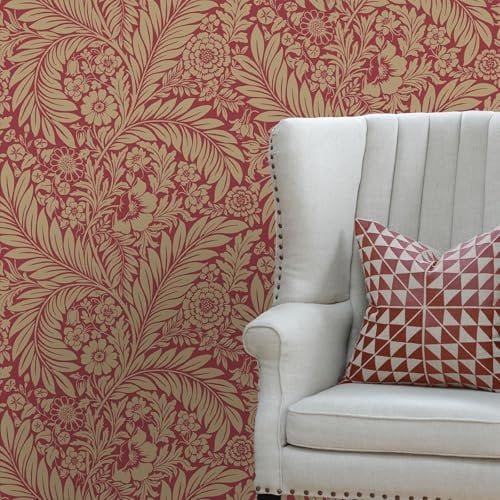 World of Wallpaper Florence Leaf Wallpaper Floral Metallic Gold/Red 725 - Feature Wall Paper for Living Room Bedroom Hallway Lounge
