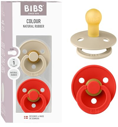 BIBS Colour Dummy, 0-6 Months, 2-Pack, Round Teat, Vanilla/Candy Apple | Natural Rubber Latex | Size 1 | BPA-Free | Made in Denmark | High Teat Acceptance | Airflow Holes | Comfort Shield