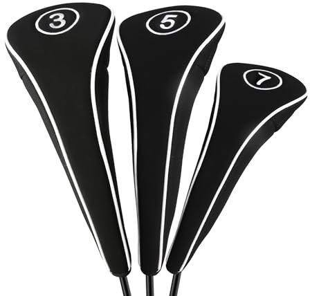 Golf Club Head Covers with Zipper - Balck Golf Club Covers for Woods and Driver Fairway Hybrids, Golf Accessories Headcovers Set (Black 3 5 7)