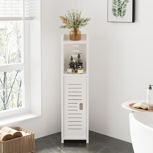 Dripex 4 Tier Bathroom Floor Cabinet, Slim White Storage Cabinet with Door, Narrow Free Standing Cupboards Adjustable Shelves for Bathroom, Bedroom or Balcony (Door Style 1)