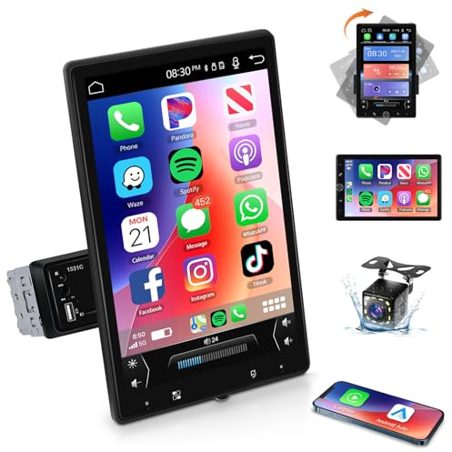 VECHTEL Autoradio 1 Din mit Kabelgebundenes Carplay Android Auto, 10.4-Zoll-Touch drehbaren Bildschirm Autoradio Bluetooth, FM Radio, Link Spiegeln, 2 USB, Rückfahrkamera