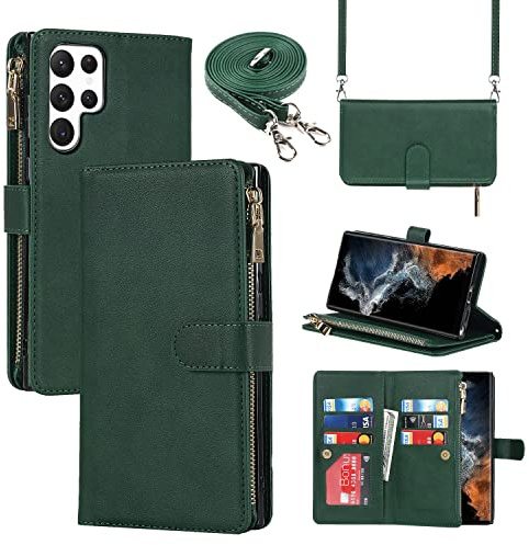 CAVOR Handykette Handyhülle Kompatibel mit Samsung Galaxy S22 Ultra Hülle Mit Band,Flip Leder Geldbörse Handytasche,[9 Kartenfach][Mit Kette],Umhängeband Klapphülle - Dunkelgrün