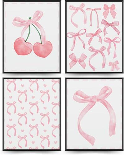 Lot de 4 affiches tendance avec nœud rose - Décoration de chambre - Esthétique et funky - Décoration murale pour chambre à coucher, salon - Sans cadre (30 x 40 cm)