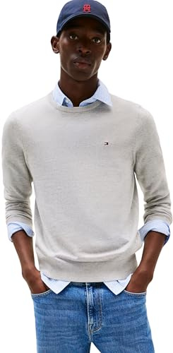 Tommy Hilfiger Herren Pullover Essential Cotton mit Rundhalsausschnitt, Grau (Light Grey Heather), L