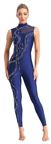 FEESHOW Damen Ganzkörper Turnanzug Glitzer Gymnastik Tanz Trikot Ärmelloser Overall Einteiler Yoga Eislaufen Ballett Tanzkostüm Ganzkörperanzug