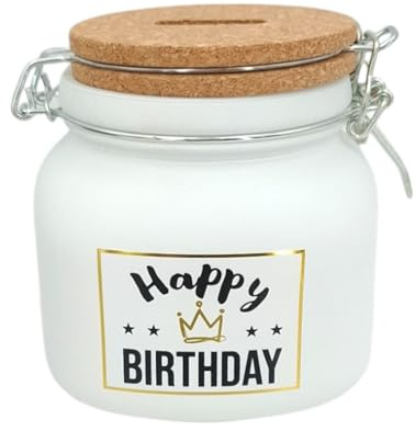 itenga Sparglas mit Kork Deckel - Wunscherfüller Spardose Sparbüchse als Geschenk - 13 x 13 x14 cm - mit Motivdruck (Happy Birthday)