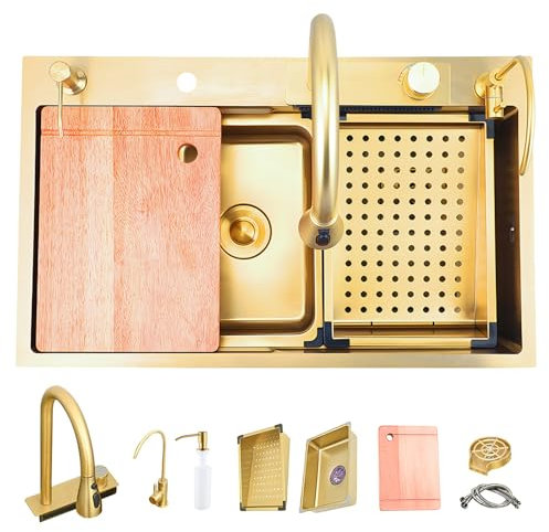 ATHOMASM Küchenspüle Gold-Optik Spüle 65x50cm Edelstahl rostfrei, Ausziehbarer Wasserhahn, Unterbau Multifunktionsspüle mit Wasserfall-Funktion, Komplett-Set