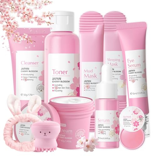 Sakura Gesichtspflege Skincare Set 10pcs, Pflegeset Damen Skin Care, Feuchtigkeit Geschenke Set für Frauen Hautpflege, Beauty Set Teenager Mädchen mit Reiniger, Creme, Serum, Toner, Augenserum, Mask
