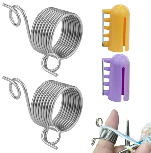 JRSHIRLEYLTD 2 Stück strickfingerhut,Garnführung Fingerhalter,häkeldrahtring,Edelstahl Spiralstrick Fingerhut Fingerring,häkelring,und 2 Stück Kunststoff Garnführun, für Strick Häkelzubehör