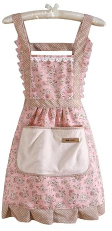 Pink Adjustable Chef Apron Floral Pretty Vintage tabards for Women with Pockets - 1940s Style wrap around kitchen aprons,Waterproof Canvas Cooking Apron for Baking,Restaurant,Bistro,BBQ,Gardening