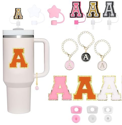 DOINEUFL Name Letter ID Stanley Cup Accessories 17 PCS - Letter & Star Stanley Straw Cover, Metal Handle Charm and Stickers, Leak Stopper (A)