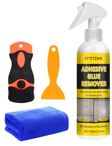 Adhesive Remover - Powerful Sticker & Glue Remover Spray for Cars, Removes Labels, Stickers, Decals, Tape Residue from Car Glass, Paint & Windows with Scraper, Razor Blades, and Towel - 3.4oz/100ml
