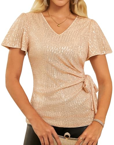 GRACE KARIN Damen Pailletten Oberteil Elegantes Glitzer Kurzarm Blusen | Glitzer Oberteile Damen Pailletten Tops Festlich Party Bluse V-Ausschnitt Reißverschluss kurze Volantärmel