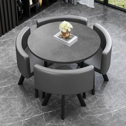 VTELGT Essgruppe 5-Teilig, Essgruppe mit Kunstleder Stuhl für 4 Personen, Runder Konferenztisch und Rezeptionstisch, platzsparendes Tischset für Zuhause und Büro,Grauer Kreis