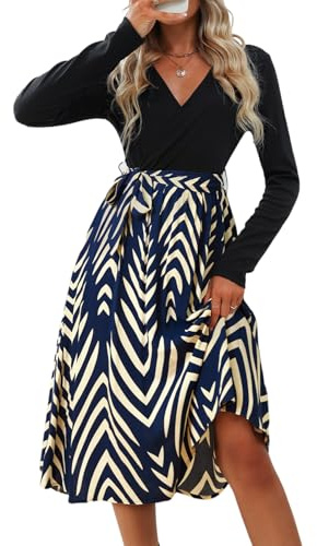CUPSHE Damen Herbstkleid Leopardenmuster Langarm V-Ausschnitt Bindegürtel | Midikleid Wickelkleid Kontrastdesign Taillierte Taille Fließender Rock A-Linie Elegant Partykleid Cocktailkleid