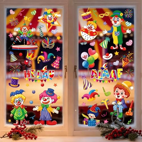 9 Blatt Fensterbilder Karneval,Selbstklebend Clown Fenster Aufkleber,Fenster Abziehbilder Sticker,Wiederverwendbar Clown Fensterdeko,Karneval Tiere Fensteraufkleber Clown,Karneval Zirkus Deko