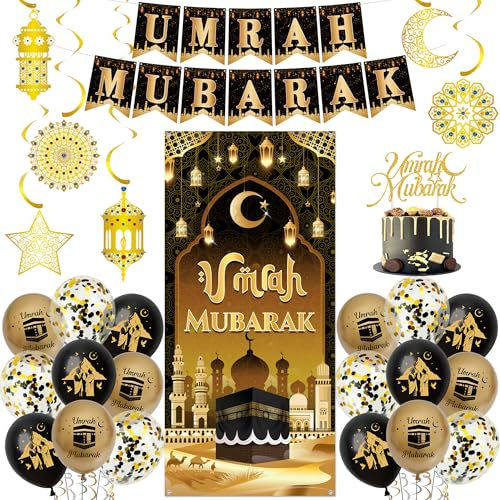 Umrah Mubarak Party Decoration Banner - Black Gold Islamic Party Decorations Balloons Set with Cake Topper, Ramadan Door Banners and Hanging Swirls for Muslim Eid Home