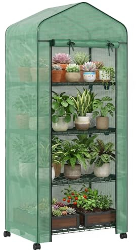 Outsunny Invernadero de Exterior con 4 Estantes, 70x50x165 cm, Verde | Invernadero Pequeño, Puerta Enrollable, Marco de Acero, Cubierta de Plástico, Anti-UV, para Plantas Macetas Flores