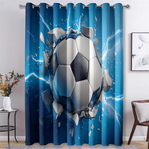 DSRDRFG Blau Fußball Vorhänge Wohnzimmer 70x210cm(BxH) Kinder Jungen Sportthema Verdunklungsvorhänge mit Ösen, Vorhang Blickdicht Gardinen für Kinderzimmer Schlafzimmer Deko, 2er Set