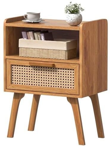 LELELINKY Nachttisch Rattan Modern, Kleiner Beistelltisch Holz mit Schublade und Offenem Regal, Nachttische hat Tischbeine aus Massivholz für Wohnzimmer Sofatisch, Schlafzimmer Nachtkommode, Teebraun