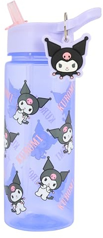 Kuromi Borraccia viola con cannuccia, bottiglia in polipropilene da 500 ml con portachiavi con ciondolo a forma di personaggio