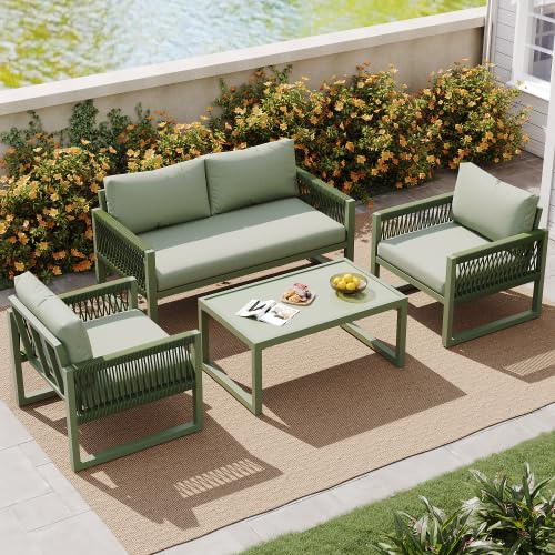 muenfly Ensemble de fauteuils de jardin pour 4 personnes - Canapé 2 places + 2 canapés simples - Salon d'extérieur en corde avec pieds réglables - Table basse en verre - Vert - Résistant aux