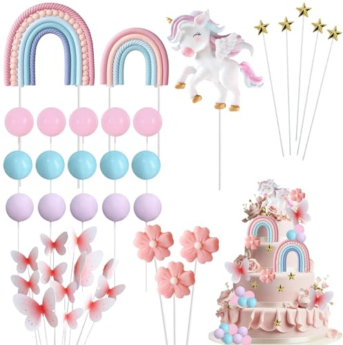 Unicorn Cake Toppers Set 25PCS Rainbow Cake Decoration Unicorn Party Supplies Cake Topper Colorful Balls Reusable Cake Decorations for Birthday Baby Shower Christmas Party