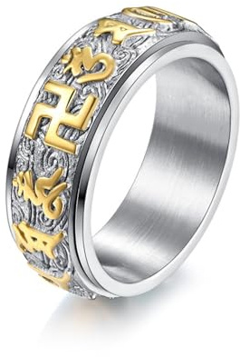 Der Ring, Swastika & Om Mani Padme Hum Mantra Leichtes, drehbares Gebetsrad-Schmuckstück aus Titanstahl for Damen und Herren