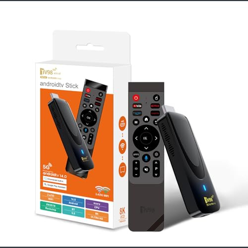 Android 14 TV Stick con WiFi 5G, RK3518 Quad-Core Streaming Stick 4K UHD, HDMI TV Dongle con Bluetooth 5.0, telecomando vocale, WiFi dual-band, lettore multimediale compatto per TV e intrattenimento