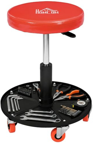 HOMCOM Rolling Mechanic Stool, Workshop Stool w/ 360 Degree Swivel, Orange | Pneumatic Adjustable Height, Padded Seat, Tool Tray, for Garage, Workshop, Auto Repair