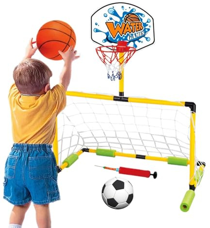 Genérico Portería De Fútbol Y Aro De Baloncesto para Piscina, Piscina 2-en-1 con 2 Balones 1 Bomba, Portería Desmontable, Juego Versátil En Agua Y Tierra para Niños Adultos