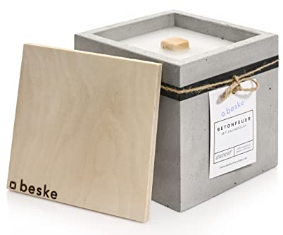 Betonfeuer® - Das Original der Beske-Manufaktur | Modell 'Fuego' | 17x17x17cm mit Dauerdocht | Wiederbefüllbare Fackel | Unendliche Brenndauer | (Ohne Nachfüllwachs, Löschbrett aus Holz)