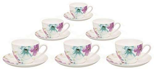 Buchensee Kaffeetassen Set aus Fine Bone China Porzellan. 6 Kaffeetassen je 210ml und 6 Unterteller mit stilvollem Blumendekor.