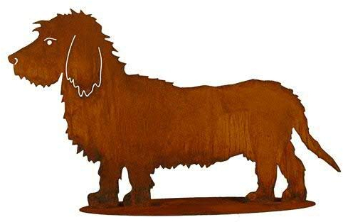 Klocke Dekoration Garten Figur - Hundedeko: Dackel auf Platte (Fester Stand) - Länge 70cm / Höhe 42cm - Edelrost Gartendekoration