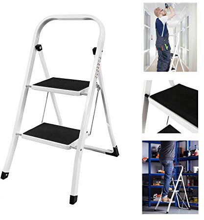 Trittleiter 2 Stufen Klappbar Stehleiter Kompakte Robuste Hochwertige Stahlstufen mit Rutschfesten Matten für zu Hause/Büro/Küche