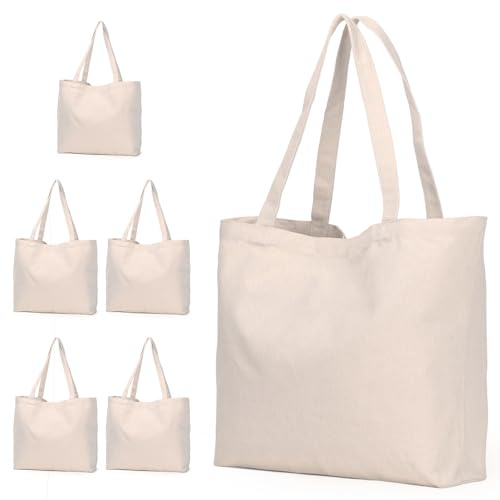 Koolmox Canvas Tote Bags, 6PCS 17x14x3.9'' Heavy Duty Canvas Bags with Reforce Handles and Widened Bottom, Reusable Washable Tote Bag Bulk Blank to DIY Art Crafts Print Women Grocery Teacher