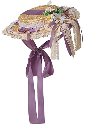 COSDREAMER Sonnenhut für Mädchen und Damen, Spitzenbänder, Strohhüte (Violett)