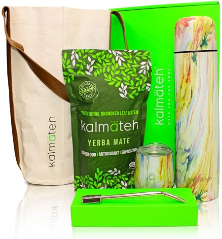 KALMATEH Yerba Mate Set – Mate zucca con coperchio, Alpaca Bombilla, thermos e yerba mate biologica e kosher (Flower Power, 1000 ml)