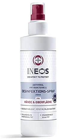 INEOS - Desinfektion-Spray 2in1 - Desinfektionsreiniger auf Alkoholbasis - Hände- & Flächendesinfektion - Gegen Viren und Bakterien - 250 ml - Parfümfrei, Verpackung kann Variieren