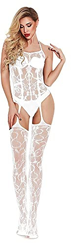 Bommi Fairy Damen Reizwäsche Spitzen Teddy Unterwäsche Strapsen Negligee Nachtwäsche Nachthemd Halfter Sling Unterwäsche Lingerie Transparente Babydoll mit Strumpfhaltergürtel-Dessous (Weiß)