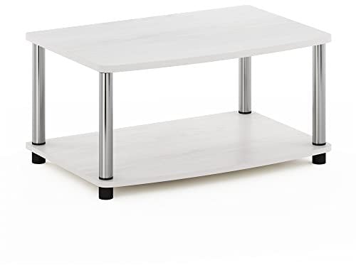 Furinno Turn-N-Tube No Tools 2-Tier Elevated TV Stands, White Oak, Stainless Steel Tubes