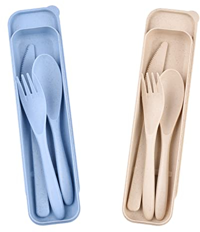 2 juego de cubiertos camping portátil con estuche, cubiertos plastico reutilizables, juego de cucharas cuchillos y tenedores cubiertos para llevar al trabajo, viaje, picnic, escuela (azul+beige)
