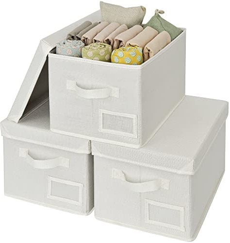 GRANNY SAYS Storage Boxes with Lids, Fabric Shelf Organiser for Wardrobe, Durable Linen Organisers and Baskets Pants Hoodies Organisation Label Holder, Pearl White, 3-Pack, XLarge (clothesbins-7WL)