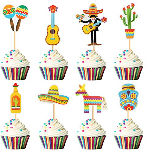 Blumomon 32Pcs Mexican Fiesta Cupcake Toppers Assembled Cactus Donkey Maraca Sombrero Guitar Cupcake Picks Mexican Fiesta Theme Baby Shower Birthday Party Cake Decorations Supplies