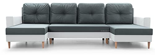 Wohnlandschaft Ecksofa U-Form mit Schlaffunktion Eckcouch mit Bettkasten Sofa Couch Polsterecke U-Sofa - 300x142x90 cm - Carl U (Grau + Weiß Kunstleder)