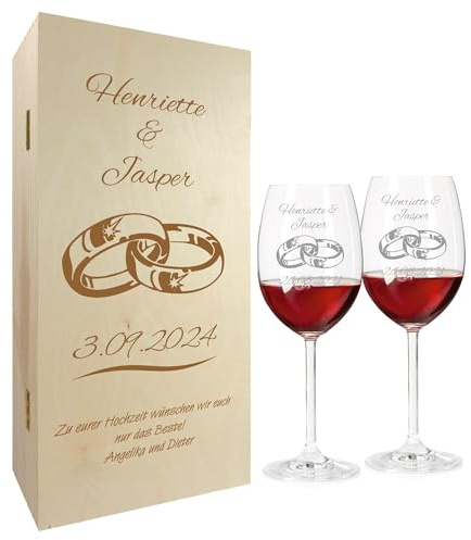laser-diele Geschenk zur Hochzeit – Wein Geschenksets – Weinglas mit Gravur 460ml – Geschenke für Paare – Rotwein (Ringe)