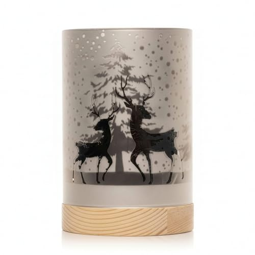 SHATCHI 15cm Christmas Decorated Vase Table Lamp Etched Glass Tube Forest Snowfall Scene Silver Cylinder LED Fairy Lights Battery Operated