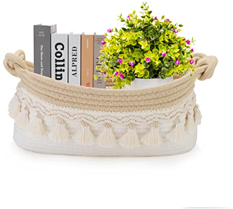 Kleine gewebte Körbe zur Aufbewahrung, 35,6 x 14 x 15,2 cm, Toilettenpapier-Aufbewahrungskörbe zum Organisieren mit Knoten, Griffen, dekorativer leerer Geschenkkorb für Boho-Badezimmer, Dekoration