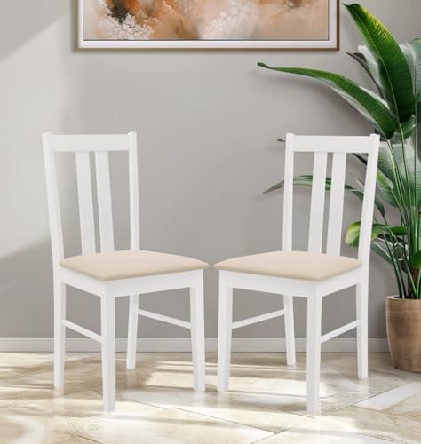 Hallowood Furniture Aston - Juego de 2 sillas de comedor pintadas en blanco, sillas de madera maciza con almohadilla de asiento de tela, sillas blancas contemporáneas, silla de café de madera, muebles